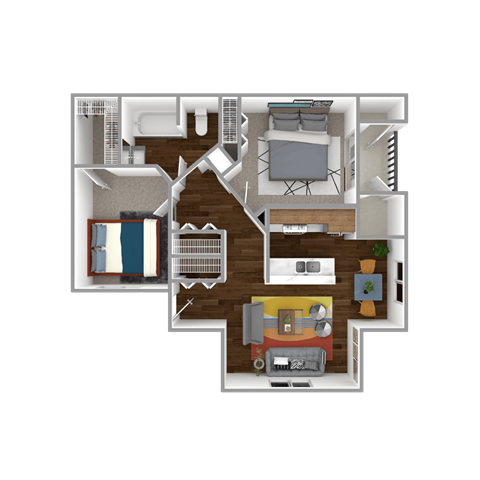 A 3D floor plan of a house showing a living room, kitchen, and two bedrooms.